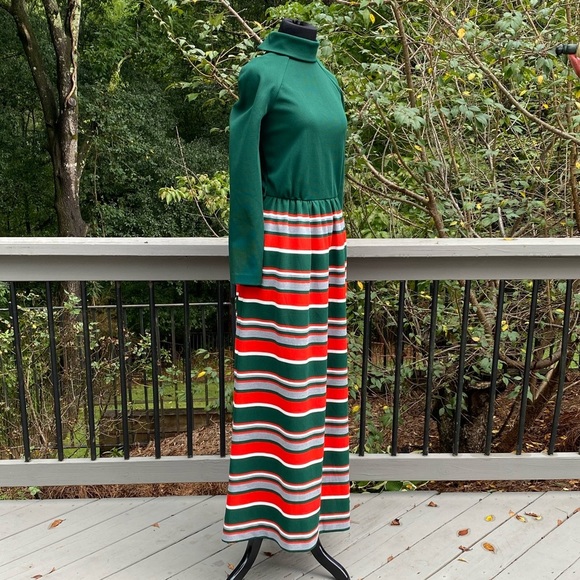 Vintage 70s Union Label Turtleneck Stripe Ribbed Knit Holiday Maxi Hostess Dress - Picture 2 of 12